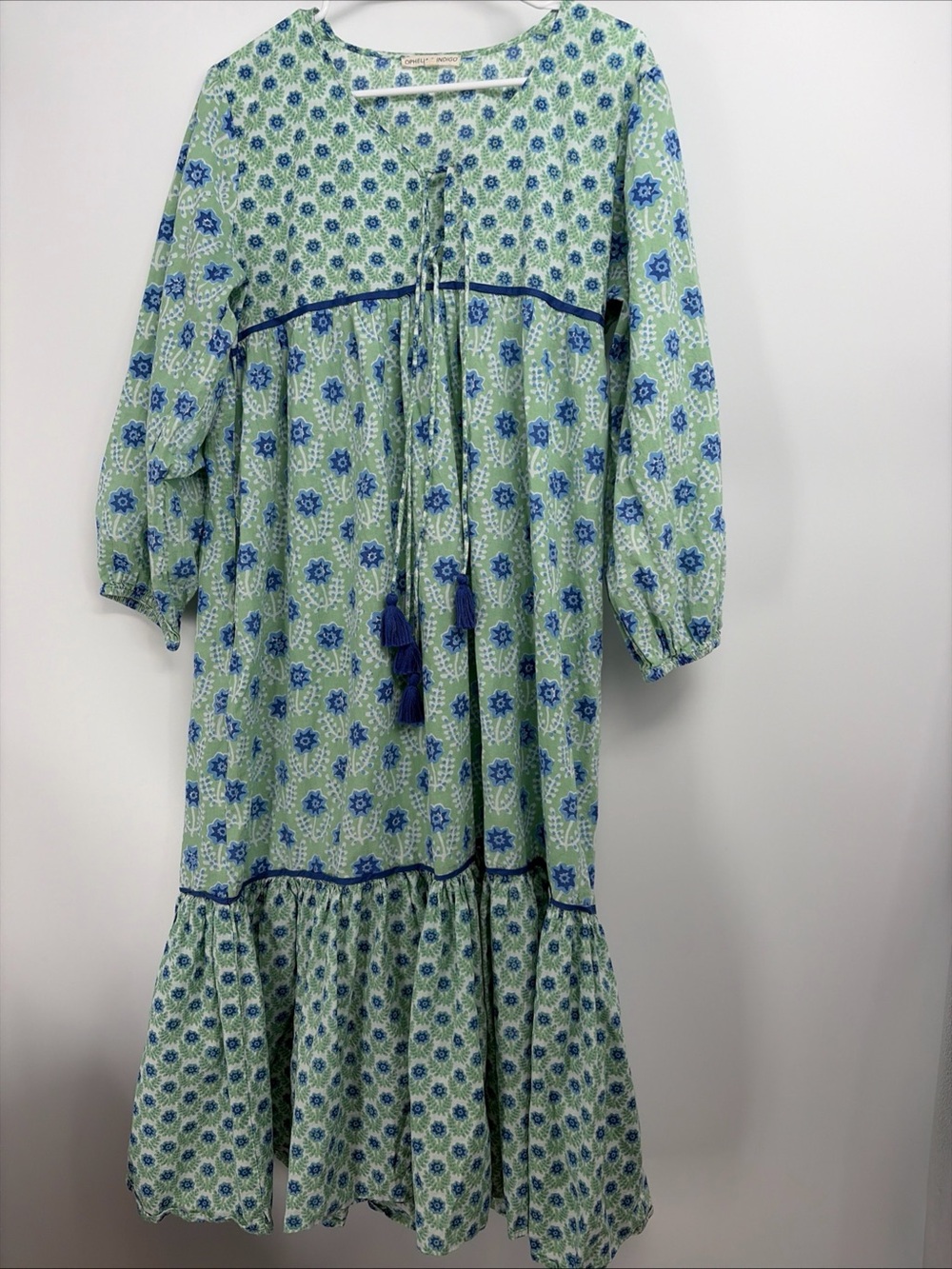 Ophelia & Indigo Floral Long Dress Prarie Cottagecore Blue Green Large